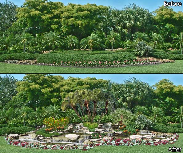 Photoshop Photo-Real concept rendering of adding a naturalistic water feature to an intersection at the ShadowWood community in Bonita Springs, Florida