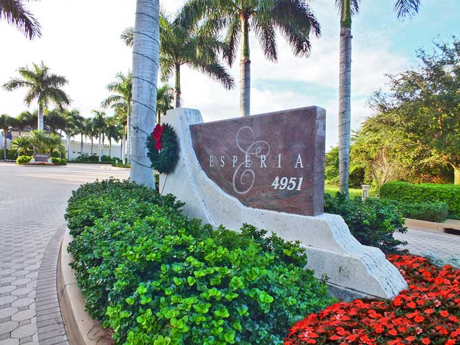 Main entry to the condo tower Esperia and its commons building with pool - Bonita Springs, Florida
