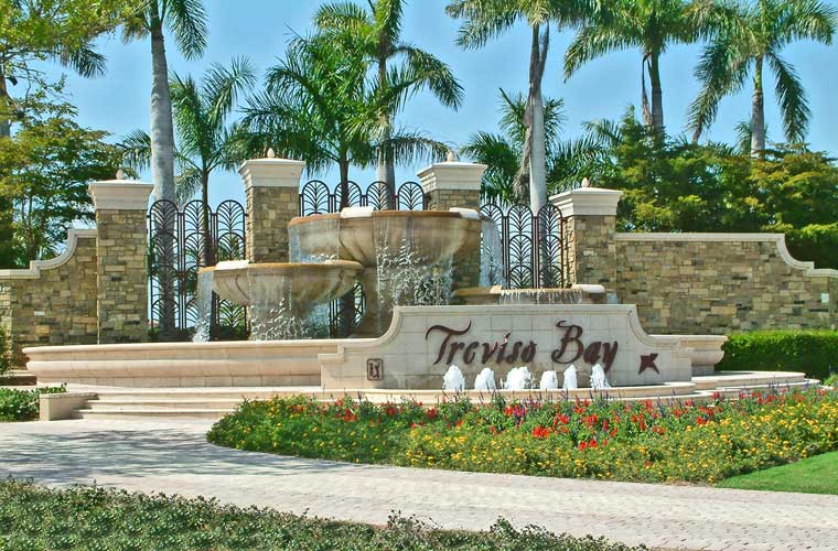 Main entry sign is actually mirrored on the opposite side of the entry drive. Consists of a 16' pre-cast bowl spilling into two 12' bowls, which in turn spill into a large basin. - Naples, Florida